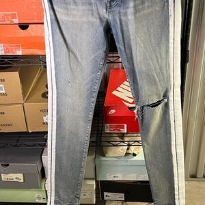 AMIRI Blue and White Skinny Jeans with Distressed Details